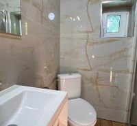 A bathroom in a cabin with a sink, mirror, toilet, and shower corner, floor with wooden decor.
