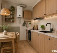 A kitchen in a 3-room apartment with wooden decor, minimalist interior, green plants.
