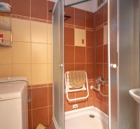 Bathroom with a washing machine, shower, and sink in a 3-room apartment.