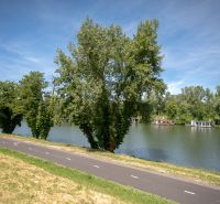 The path along the river with boats surrounded by greenery on Švermova Street in Trenčín.