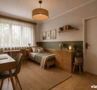 Children's room in a three-room apartment with a wooden decor floor, decorated with green accessories.