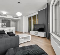 Living room with a dark sofa and a television, on Továrenská street, part of a 3-room apartment.