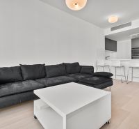 Living room of a 3-room apartment with a black sofa and a white table on Továrenská street.