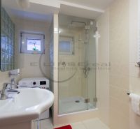 Bathroom with toilet, shower, and washing machine in a family house.