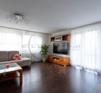 Living room in a family house with wood-patterned flooring and large windows.