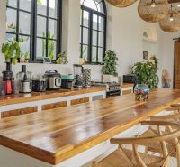 The villa's kitchen with an elegant wooden counter and window views of greenery.