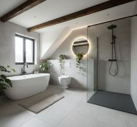 A bathroom in a family house with a bathtub, shower, plants, and wooden beams on the ceiling.