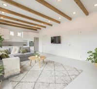 Living room in a family house with a beamed ceiling, sofa, and plants, floor with wooden decor.