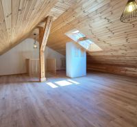 Attic room with wooden paneling and wood-patterned flooring.