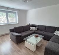 Living room with a gray corner sofa and a table, floor with wood decor.