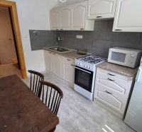 Kitchen in a 2-room apartment with a wooden table, microwave, and gas stove.