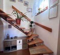 Wooden decor stairs and houseplants in a family house.