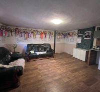 Interior of a family house with a sofa, washing machine, and decoration of awards on the wall.