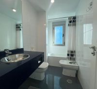 A bathroom in a holiday apartment with a bathtub and a sink on a dark countertop.