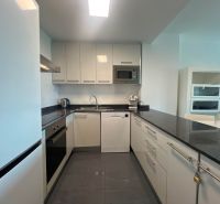 The kitchen of a holiday apartment with glossy cabinets and a dark countertop.