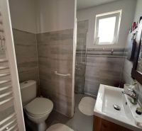 Bathroom in a family house with a shower, sink, and toilet.