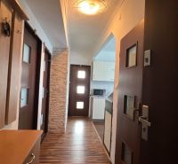 Entrance hallway in a 3-room apartment with a wooden decor floor and a kitchen in the background.