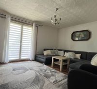 Living room in a 3-room apartment with a large sofa, wooden decor flooring, and decorations.