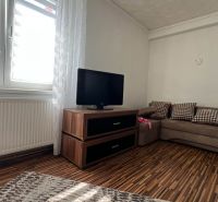 Living room with wood-patterned flooring, sofa, television, and radiator in a 3-room apartment.