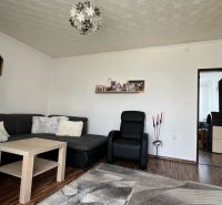 Living room in a three-room apartment with a wooden decor floor, comfortable seating, and decorations.