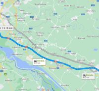 The map shows the route from Dunajská Streda to Bratislava by car in 36 minutes.