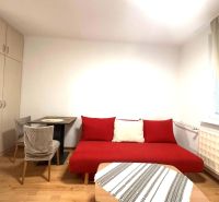 A room in a recreational apartment with a red sofa, a table, and a wooden-patterned floor.