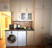 A kitchen in a holiday apartment with a kitchenette and a washing machine, floor with wooden decor.