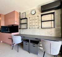 A studio apartment with a pink kitchen and a work desk, flooring with a wood decor.