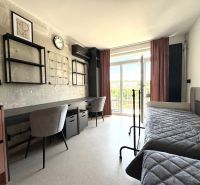 Studio apartment with a desk, bed, shelves, and balcony doors.