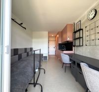 Studio apartment interior with a bed, table, and kitchenette in soft colors.