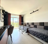 A studio apartment with two beds, a table, and a view through a large window.