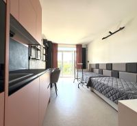 Studio apartment with a bed, kitchenette, and balcony doors, wooden decor flooring.