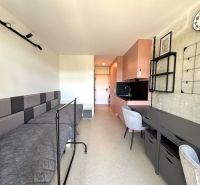 A studio apartment with a bed, pink kitchen, table, and chair in the interior.