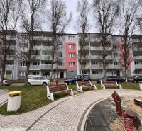An apartment building in Ružomberok with trees and parking spaces in front of the two-room apartments.