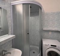 A bathroom with a shower and a washing machine in a 2-room apartment.