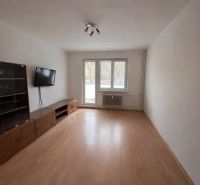 Living room in a two-room apartment with a wooden decor floor and a television on the wall.