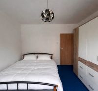 A bedroom in a two-room apartment with a bed, a wardrobe, and a blue floor.