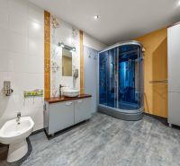 A bathroom in a family house with a bidet, shower stall, and decorative tiles.