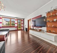 Living room with wood-patterned flooring in a family house with an airy interior.