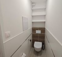 Cozy bathroom with wood-patterned flooring in a studio apartment.