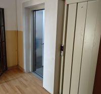 A hallway with an elevator and a floor with a wooden decor in a studio apartment.