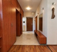 A spacious hallway with a wooden decor floor and a large mirrored wall in a 4-room apartment.