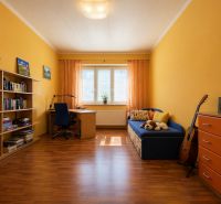 A room with yellow walls, a wooden floor, a blue sofa, and bookshelves.