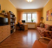 Living room with a sofa bed, wooden decor flooring, and a work corner.