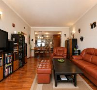 Living room in a 4-room apartment with a wooden decor floor and a brown sofa.