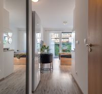 Interior of a 1-room apartment with a wooden decor floor and a large window.