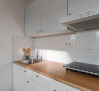 Kitchen corner with white cabinets, wooden decor, and stainless steel sink in a studio apartment.