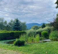 A garden with a pond and a bench by a family house in Stankovany, surrounded by greenery and mountains.