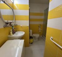 A bathroom in a studio apartment with yellow and white tiles, a sink, and a shower.