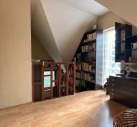 Room in a family house with shelves, a typewriter, and a wooden-patterned floor.